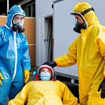 **Image Prompt:** A diverse team of professionals participating in a realistic HAZMAT emergency simulation, wearing appropriate PPE and practicing evacuation procedures. The scene should emphasize clear communication and coordination, with a focus on safety protocols. Include elements of visual signage and modern communication technology.