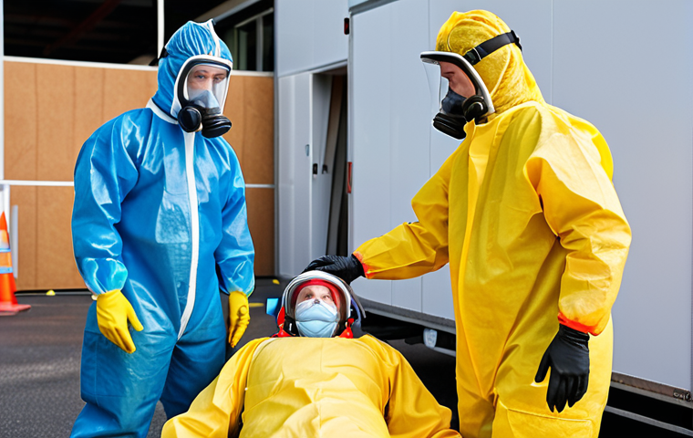 **Image Prompt:** A diverse team of professionals participating in a realistic HAZMAT emergency simulation, wearing appropriate PPE and practicing evacuation procedures. The scene should emphasize clear communication and coordination, with a focus on safety protocols. Include elements of visual signage and modern communication technology.