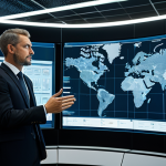 A professional environmental manager in a modest business suit, fully clothed, standing confidently in a futuristic control room. Large transparent data screens display intricate real-time logistics maps, compliance dashboards, and predictive analytics related to hazardous waste management. The manager is looking at the data with a focused, analytical expression, with well-formed hands gesturing subtly towards a holographic interface. The environment is high-tech, clean, and organized, with soft, diffused lighting. Professional photography, perfect anatomy, correct proportions, natural pose, well-formed hands, proper finger count, natural body proportions, high quality, safe for work, appropriate content, modest, family-friendly.
