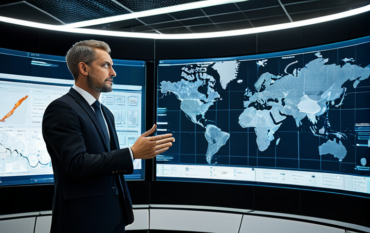 A professional environmental manager in a modest business suit, fully clothed, standing confidently in a futuristic control room. Large transparent data screens display intricate real-time logistics maps, compliance dashboards, and predictive analytics related to hazardous waste management. The manager is looking at the data with a focused, analytical expression, with well-formed hands gesturing subtly towards a holographic interface. The environment is high-tech, clean, and organized, with soft, diffused lighting. Professional photography, perfect anatomy, correct proportions, natural pose, well-formed hands, proper finger count, natural body proportions, high quality, safe for work, appropriate content, modest, family-friendly.