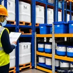 Home 17 위험물관리사 자격증 유지 조건 - A professional logistics team dressed in high-visibility safety vests and protective gear, carefully...