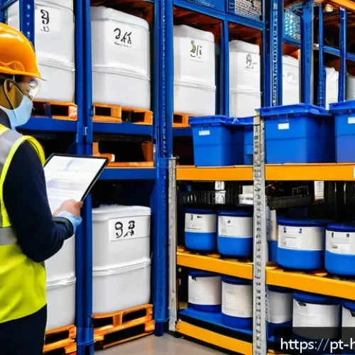 Home 29 위험물관리사 자격증 유지 조건 - A professional logistics team dressed in high-visibility safety vests and protective gear, carefully...