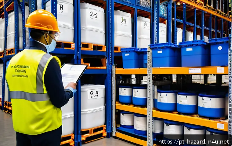 위험물관리사 자격증 유지 조건 - A professional logistics team dressed in high-visibility safety vests and protective gear, carefully...