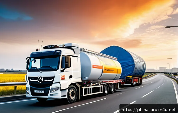 위험물관리사 실무에서의 위험물 운반 절차 - A highly detailed scene showing a modern hazardous materials transport truck equipped with specializ...