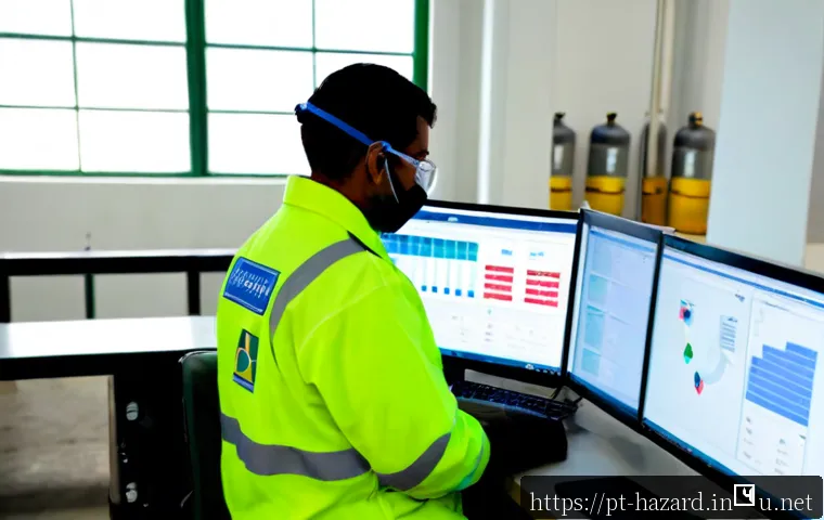 위험물관리사 실무용 프로그램 활용법 - Photorealistic Brazilian industrial safety professional wearing PPE, seated at a clean workstation i...